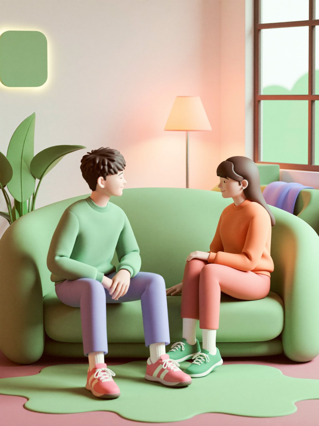 Ilustración 3D moderna de una pareja conversando cara a cara en un sofá, en una sala cálida con luz de atardecer