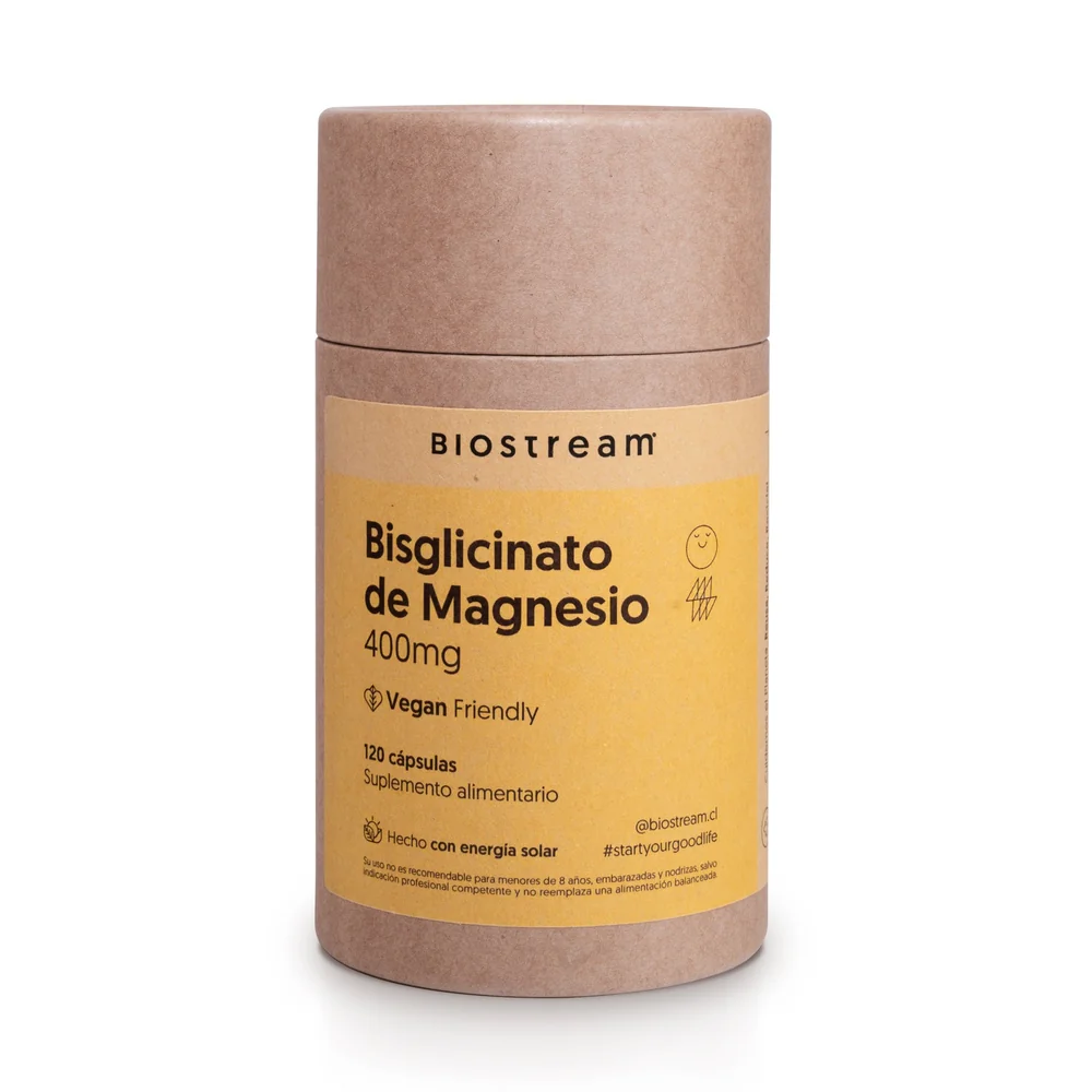 Envase original Biostream de bisglicinato de magnesio 400 mg, 120 cápsulas