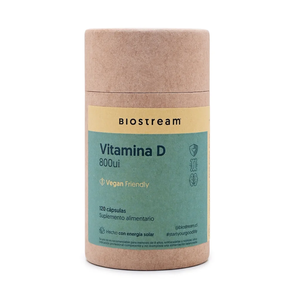 Envase original Biostream de vitamina D 800 UI, 120 cápsulas